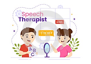 Speech Therapist Vector Illustration with Child Training Basic Language Skills and Articulation Problem in Flat Cartoon Hand Drawn