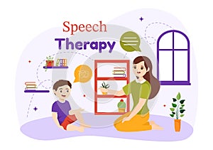 Speech Therapy Vector Illustration with Kids Training Basic Language Skills and Articulation Problem in Education Flat Cartoon