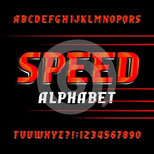 Speed alphabet font. Fast speed effect type letters and numbers on black background.