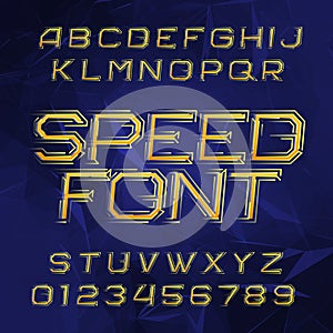 Speed alphabet font. Oblique dynamic letters and numbers on a polygonal background.