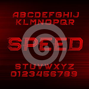 Speed alphabet font. Oblique dynamic red letters and numbers.