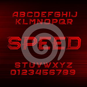 Speed alphabet font. Oblique dynamic red letters and numbers. photo