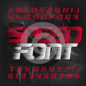 Speed alphabet font. Wind effect futuristic type letters and numbers.
