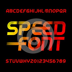 Speed alphabet font. Wind effect type letters and numbers.