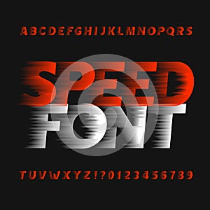 Speed alphabet font. Wind effect type letters and numbers on a dark background.