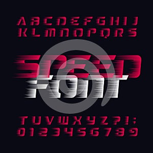 Speed alphabet vector font. Wind effect type letters and numbers on a dark background.