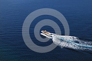 Speed boat aerial view on blue sea