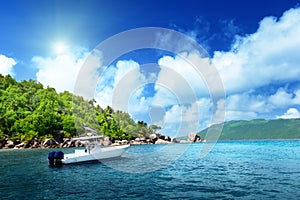 Speed boat on the beach of La Digue Island