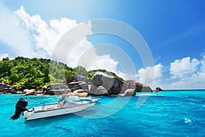 Speed boat on the beach of La Digue, Seychelles photo