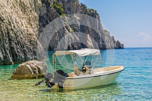Speed boat on beach Marathonisi Island -Zakynthos Greece