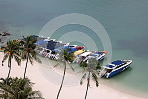 Speed boat by the beach with tourists are doing activities