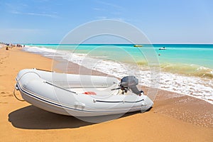 Speed boat on the beach on Turkish Riviera near Side