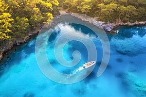 Speed boat in blue sea at sunrise in summer. Aerial view