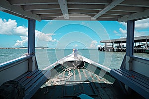 Speed boat bow while heading with beautiful water and blue sky to Samed island, Thailand. Head boat on the sea background high