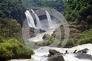 Speed boat on the Iguazu river at the Iguazu Falls, view from the Brazil side