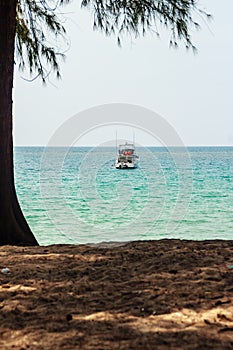 Speed boat moored at shore side, view from forest beach. Seascape view with forest tree and boat. Peaceful beach with yacht and t