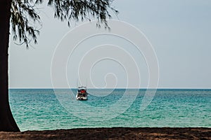 Speed boat moored at shore side, view from forest beach. Seascape view with forest tree and boat. Peaceful beach with yacht and t