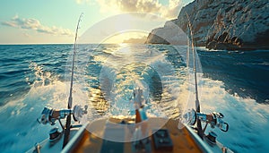 Speed boat rides fast along rocky coast with two tuna fishing rods fixed on deck stern. Evening sunset time sport angling. Active