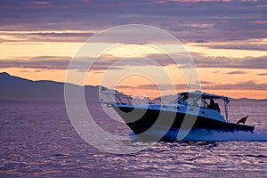 Speed boat on violet sunset