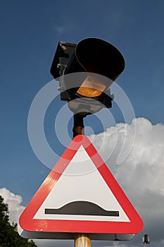 Speed bump sign with warning light Birkenhead Wirral August 2019