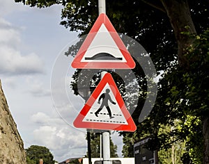 Speed bumps and pedestrian crossing