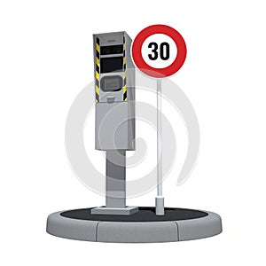 Speed camera and 30 km/h sign on white background