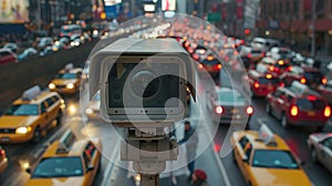 Speed Camera Overlooking Bustling City Street at Dusk