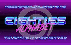 Eighties alphabet font. 3D letters and numbers. Muted colors in 80s style. photo