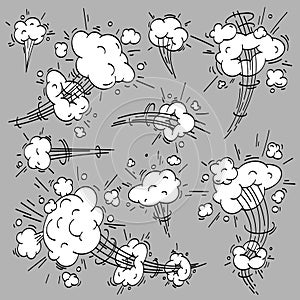 Speed cloud comic. Cartoon fast motion clouds, smoke effects and motions trail vector elements set