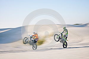 Speed, desert and people for cycling on a motorbike for travel, sports or freedom. Moving, fast and racers on bikes for