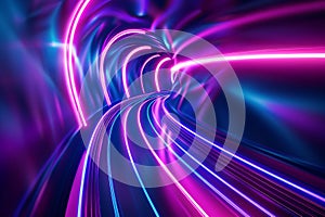 Speed effect, abstract background with glowing neon curves lines, motion blur in dark purple, pink and blue colors