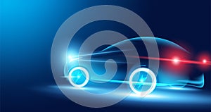 Speed electric cars In the illustration, electric cars are powered by electric energy. Future energy.on blue background