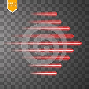 Speed glow red neon lines isolated. Set of motion signs. Vector illustration.