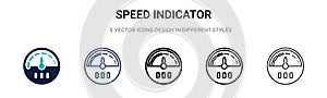 Speed indicator icon in filled, thin line, outline and stroke style. Vector illustration of two colored and black speed indicator
