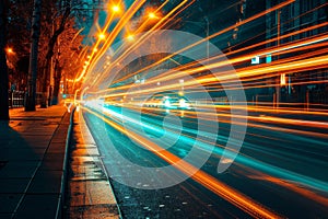 Speed Light Trails on City Streets, Street Night Lights, Road Glow, Fast Flash Motion, Car Traffic Lights