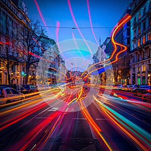 Speed Light Trails on City Streets, Street Night Lights, Road Glow, Fast Flash Motion, Car Traffic Lights