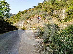 Speed Limit 20 KM sign board Near Palampur Place  in  Himachal Pradesh India