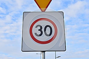 Speed limit 30 thirty road sign, closeup