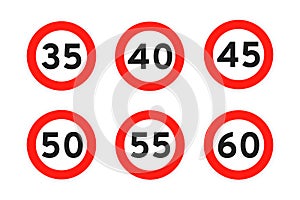 Speed limit 35, 40, 45, 50, 55, 60 round road traffic icon sign flat style design vector illustration set