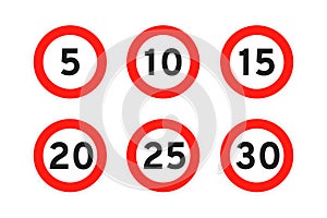 Speed limit 5,10,15,20,25,30 round road traffic icon sign flat style design vector illustration set.