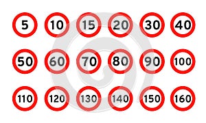 Speed limit 5, 10, 15, 20, 30, 40, 50, 60, 70, 80, 90, 100 round road traffic icon sign flat style design vector