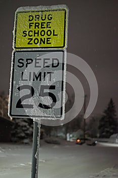 Speed limit and Drug free school Zone sign winter months