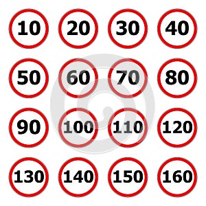Speed limit icon isolated on white background. Symbol for speeding. Set of red road signs 10, 20, 30, 40, 50, 60, 70, 80, 90, 100