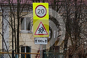 Speed limit road sign, children road sign, beware of children.