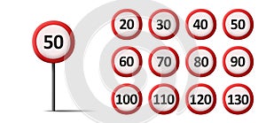 Speed limit road sign set, stick with round white plate with red circle and number