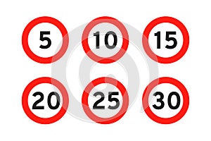 Speed limit 5,10,15,20,25,30 round road traffic icon sign flat style design vector illustration set. photo