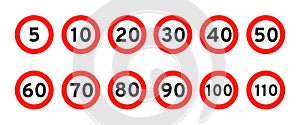 Speed limit 5, 10, 20, 30, 40, 50, 60, 70, 80, 90, 100, 110 round road traffic icon sign flat style design vector photo