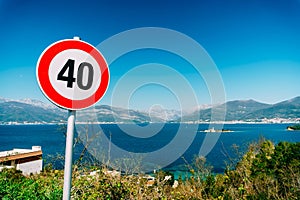 Speed limit sign 40 against the sky and sea in Montenegro.