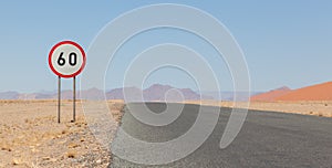 Speed limit sign at a desert road in Namibia