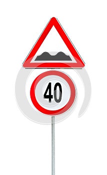 Speed limit sign determining the speed limit 40 and speed bump photo